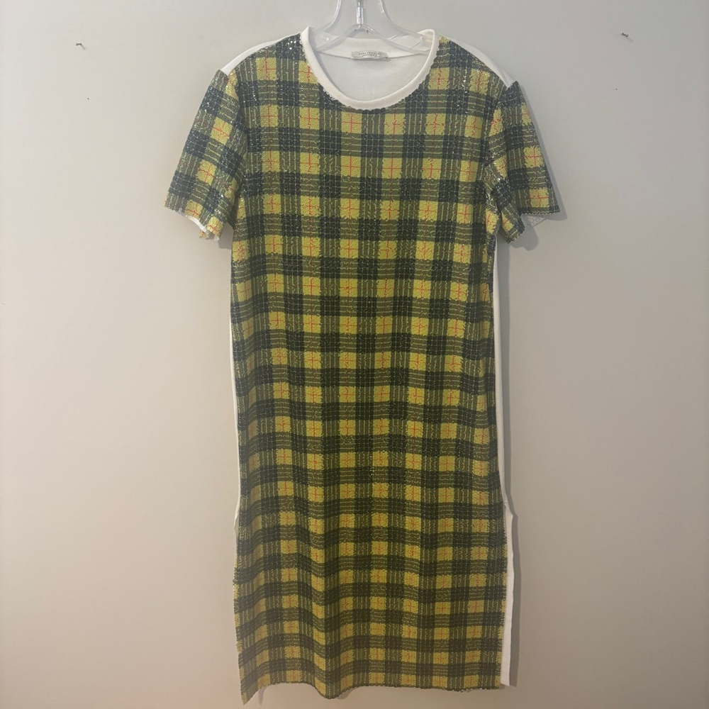 Zara Trafaluc Midi T-Shirt Dress Womens M Yellow Plaid Sequin Embellished Knit